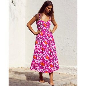 Mister Zimi Pink Orange White Button Up Ruby Sleeveless Summer Midi Dress Size 6